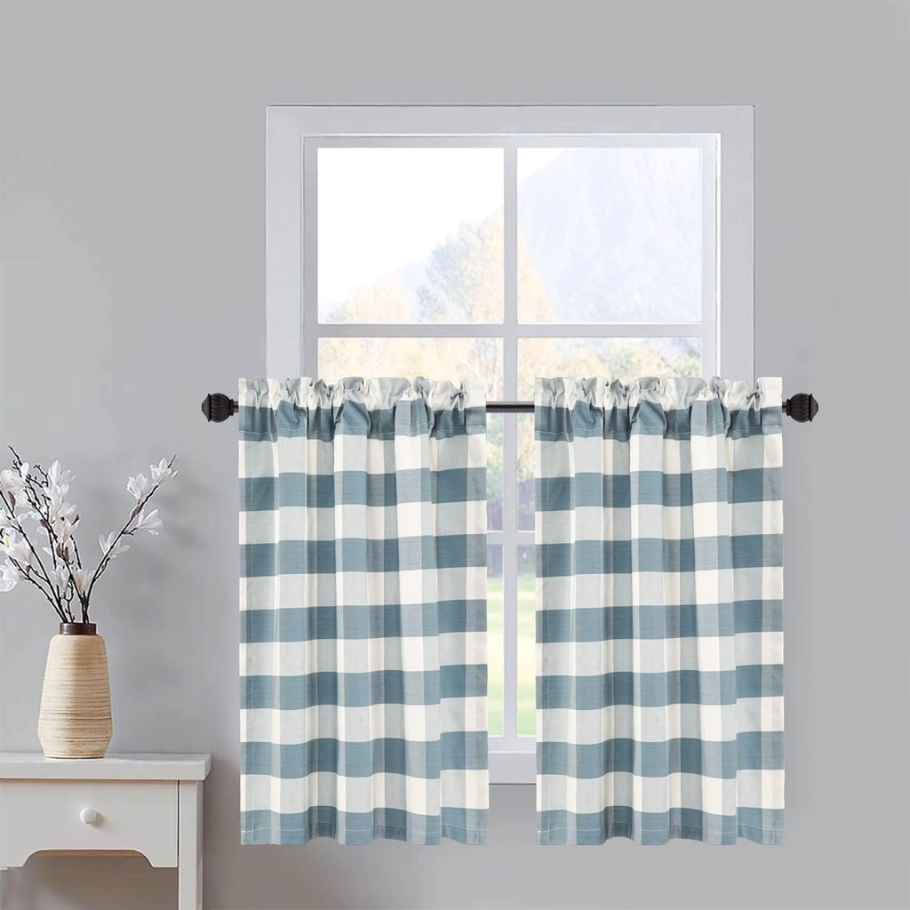 VOGOL Blue & White Tier Curtains, Buffalo Check Plaid Gingham Short Window Curtain, for Cafe Farmhouse Bathroom Kitchen Living Room, Rod Pocket Drapes, Set of 2 Panels, 30 x 24