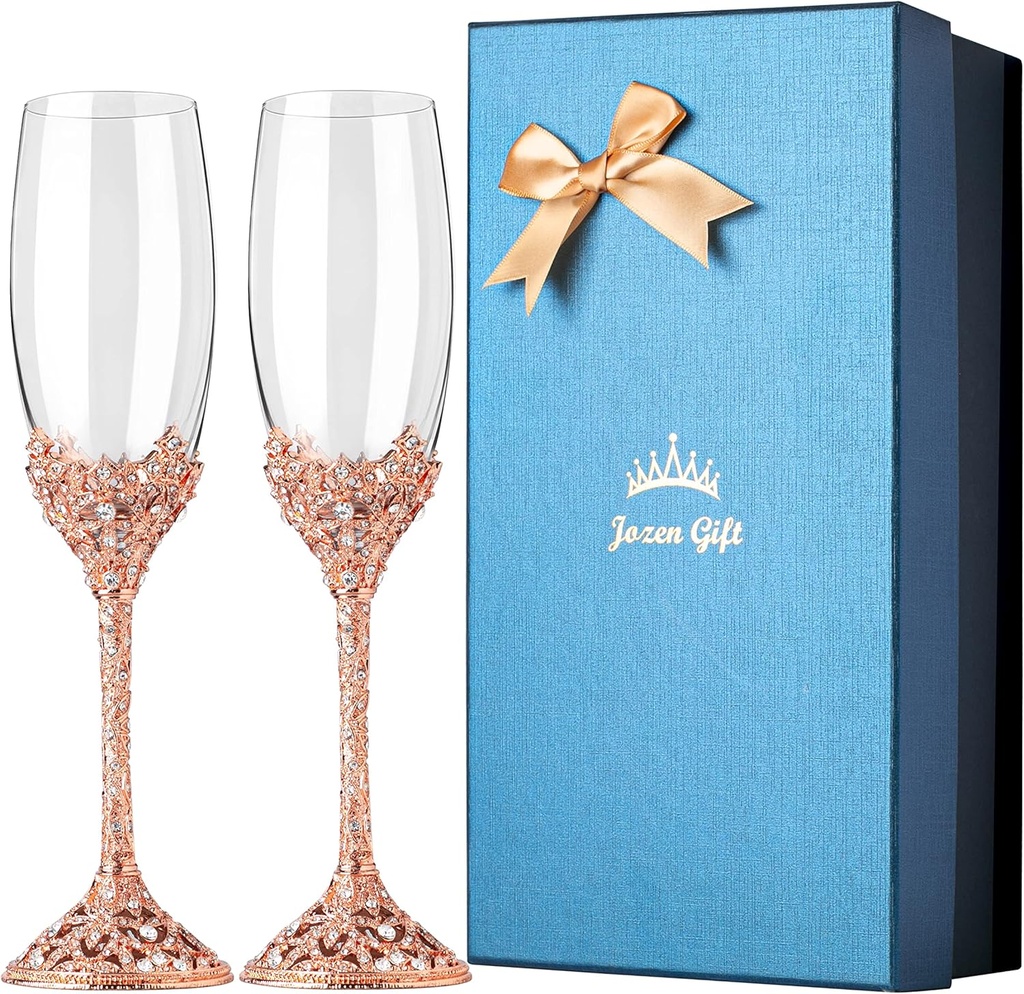 Champagne Flutes - Crystal Glass Metal Base With Crystal Stones, Set of 2 Toasting Flute Pair, Wedding Anniversary Party Birthday Banquets and Gifts for Bride and Groom (Rose Gold)