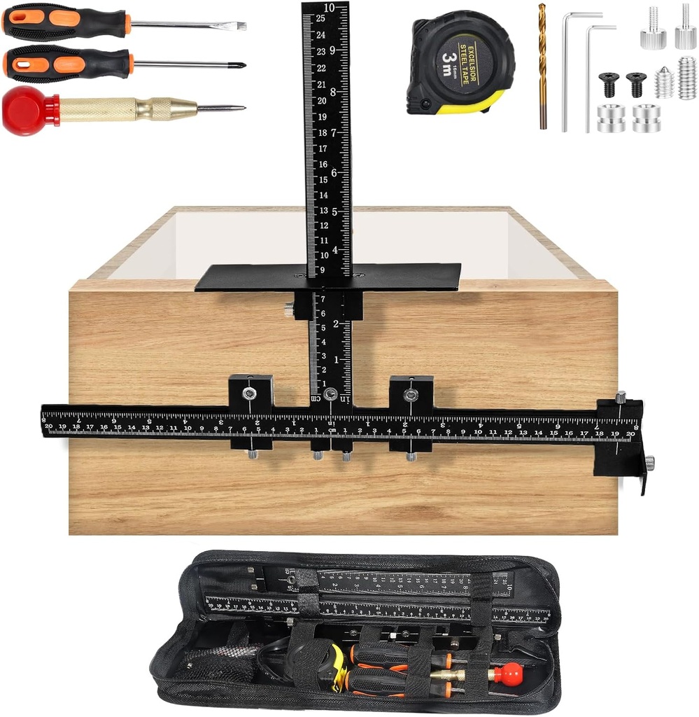 14-Piece Cabinet Hardware Jig Tool Set, Black Aluminum Alloy Cabinet Handle Jig & Drill Guide Template for Drawer Knobs, Door Pulls, Cabinet Handle Template & Hinge Adjustment Tool