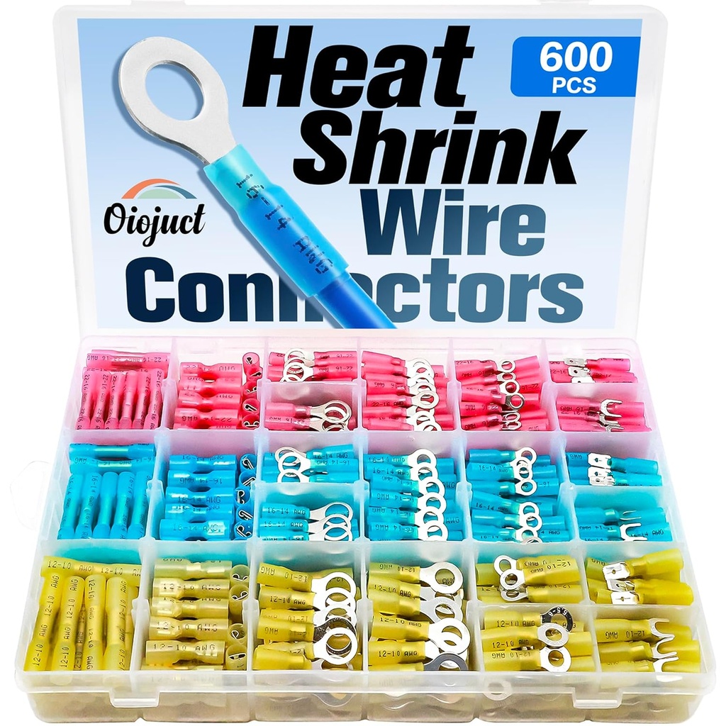 600Pcs Heat Shrink Wire Connectors Electrical Kit - Oiojuct Marine Automotive Crimp Terminals Assortment, Waterproof Ring Fork Spade Electrical Butt Connector