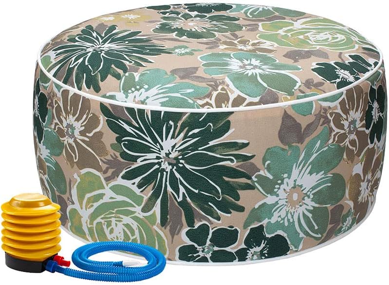 Magpie Fabrics Inflatable Stool Ottoman Pouf D20 xH9, Outdoor Round Footrest Footstool with Foot Pump, Portable for Patio Garden Travel Camping - Green Floral