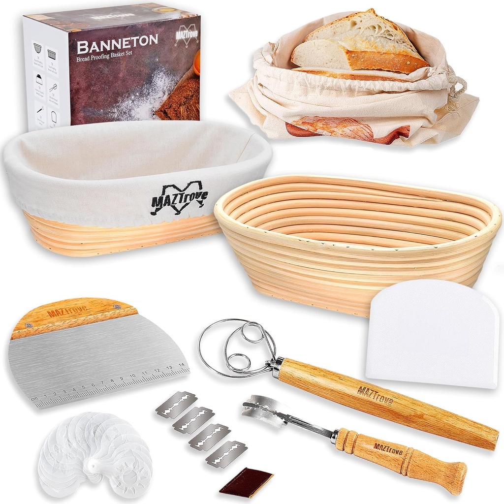 Banneton Bread Proofing Basket Set– 2 Oval 10" Rattan Baskets for Sourdough Bread Baking with Bread Lame, Dough Scrapers, Liners, Whisk, Bread Bag, & 16 Stencils– Perfect Bread Bowl Gift Kit