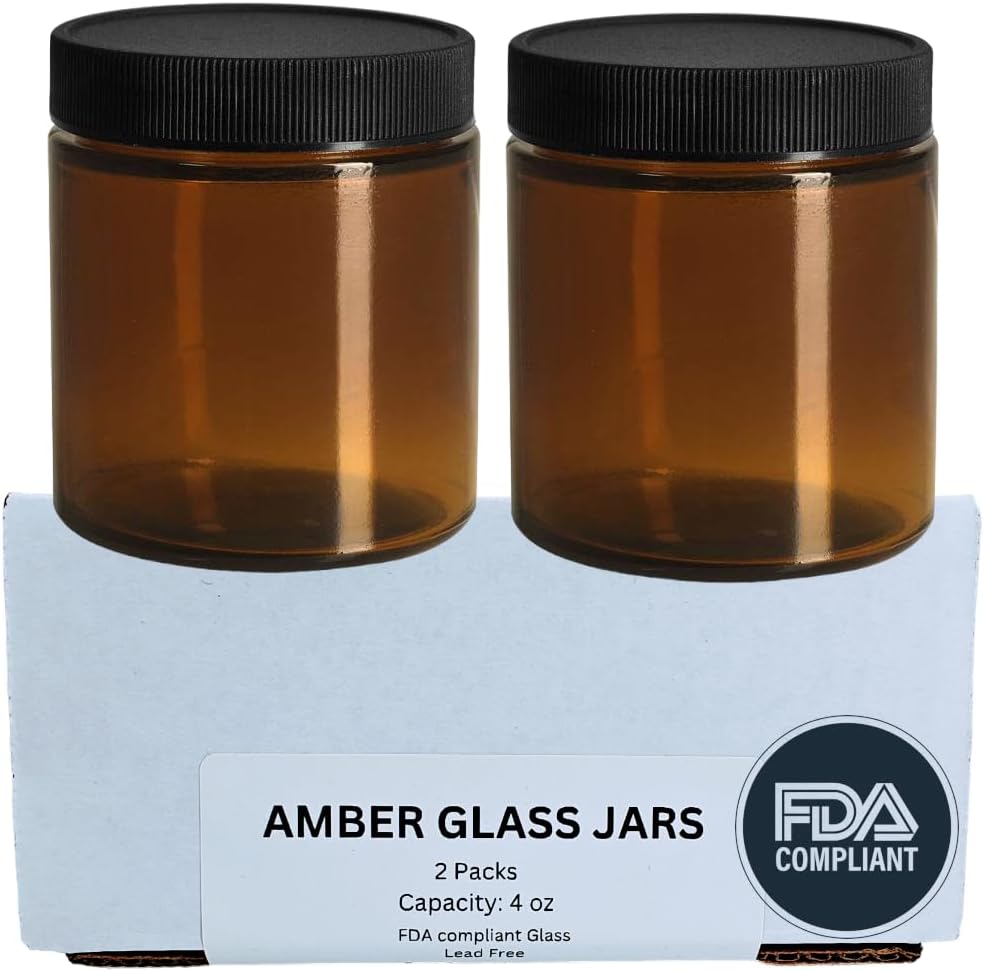 4oz Amber Glass Jar With Lids - FDA COMPLIANT Glass, BPA Free - Small Travel Container Jars - Perfect Filling For Lotion, Moisturizer, Medicine, Pill, Face Cream, Mask - 2 packs