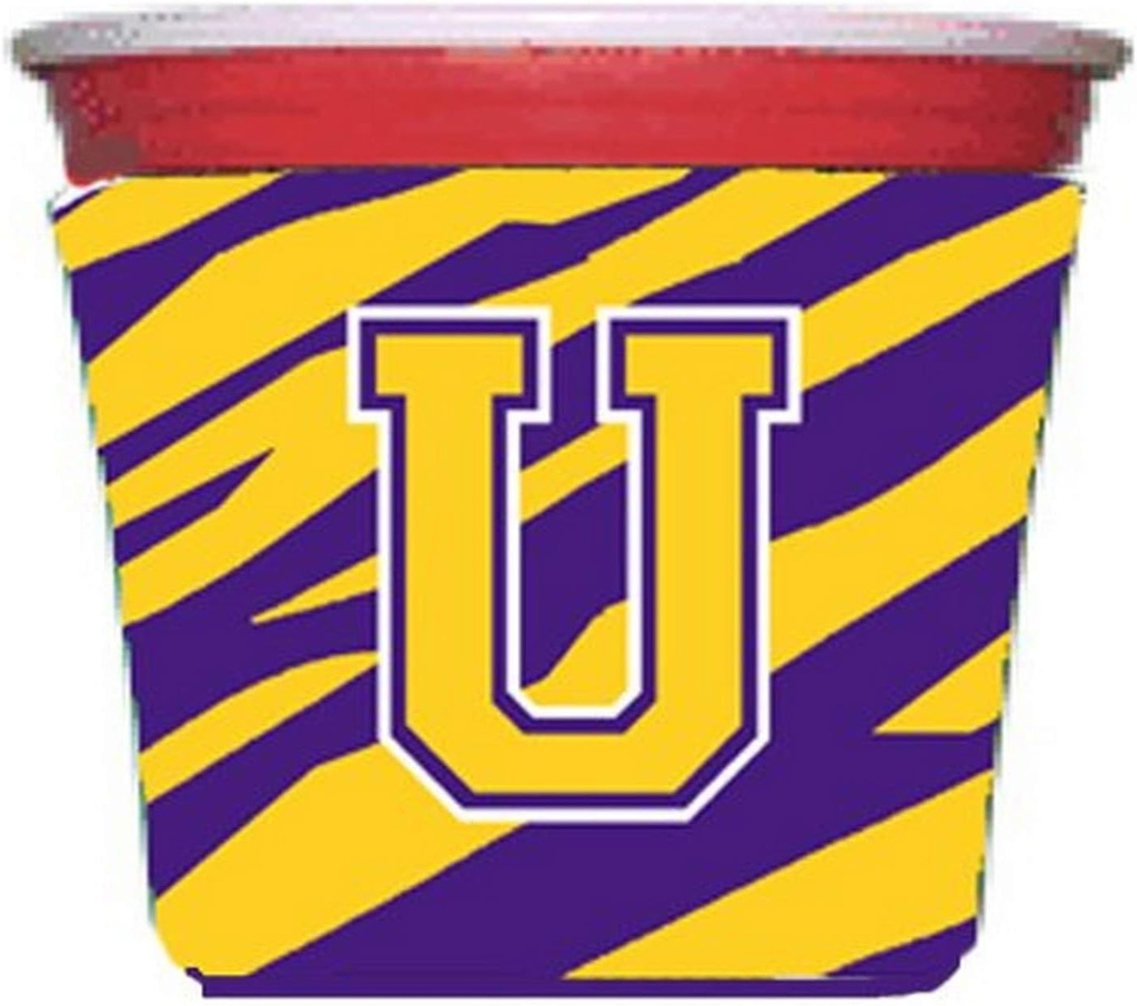 Tiger Stripe - Purple Gold Letter U Monogram Initial Red Solo Cup Beverage Insulator Hugger
