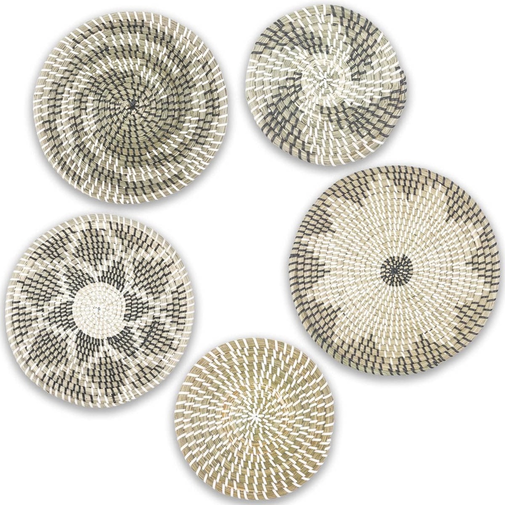 JEKEJIAJIU Set of 5 Rattan Hanging Wall Baskets - Seagrass Boho Wall Art for Living Room or Bedroom