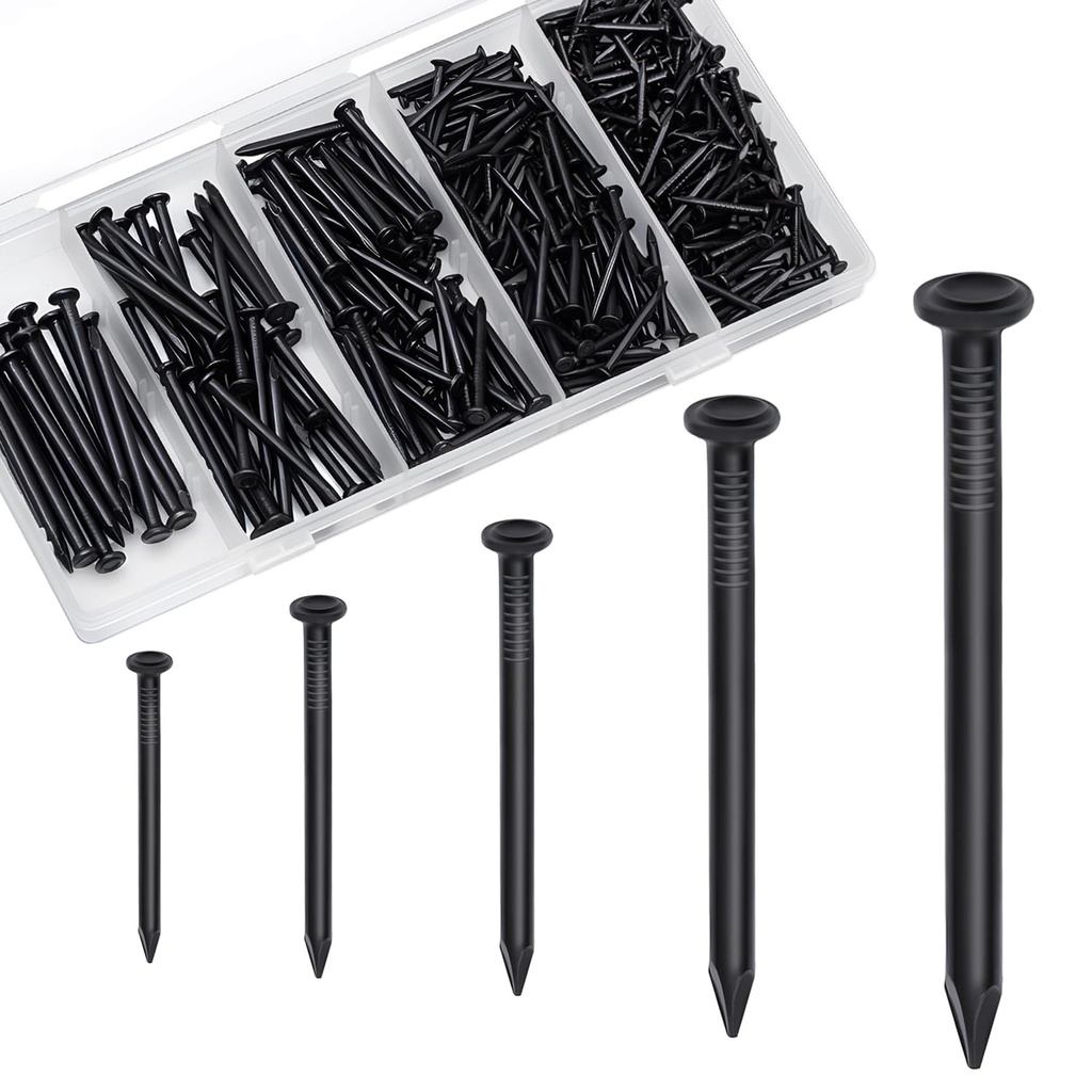 OMOTOOL Brick Steel Nails Assortment Kit (350 pcs), Galvanized Concrete Wall Nail for Hanging Pictures and Woodworking, Cement Nails Suit for Drywall and Pine，5 Size Assortment (Black)