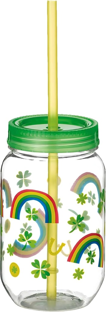Vibrant Plastic Rainbow Icon Mason Cup with Yellow Straw - 16 oz. (1 Pc.) - BPA-Free & Durable Glass Drinkware for On-The-Go Refreshment - Perfect for Smoothies, Iced Tea, and Cold Drinks