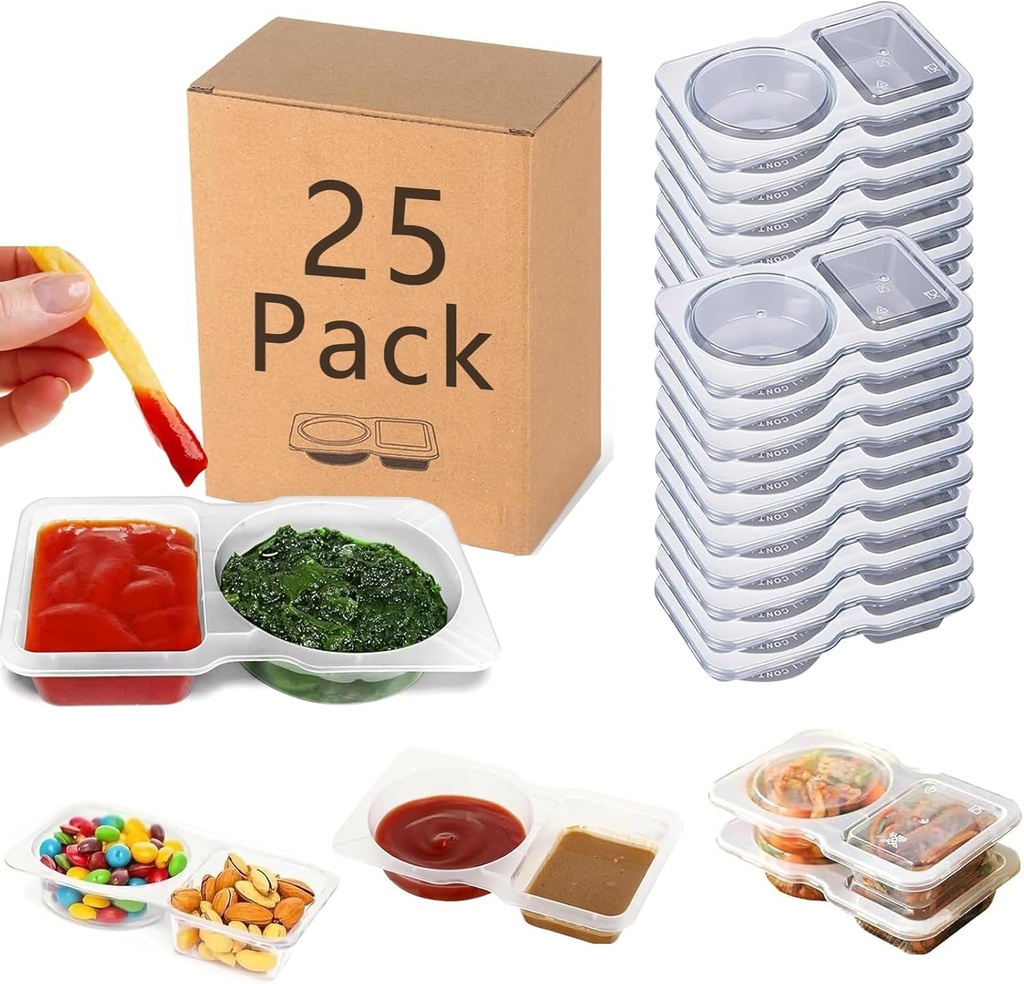 25 Sets Reusable Snack Containers, 2-Compartment Dipping Containers with Lid for Refrigeration, Portion Control, Outdoor Takeaway Sauce Dip Case