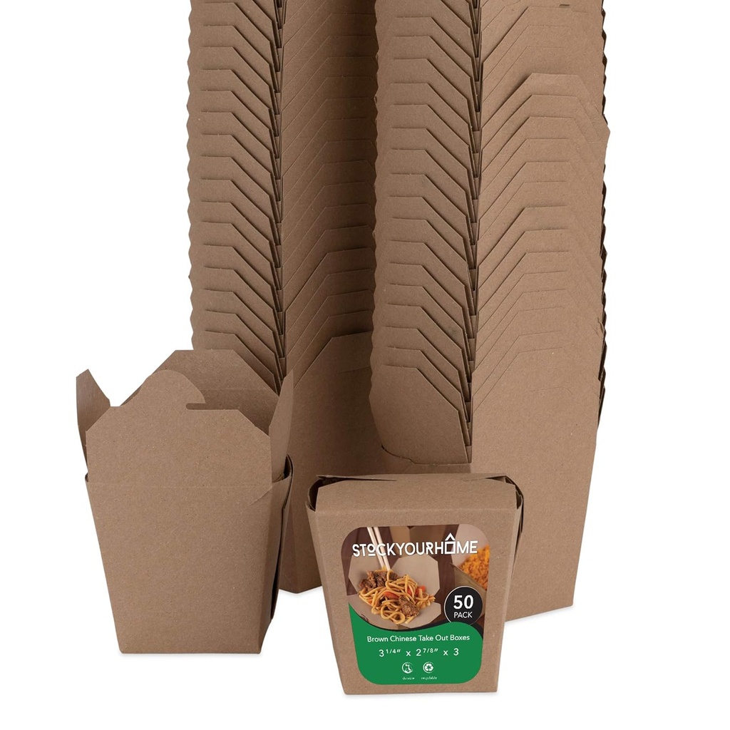 Take Out Food Containers 16 Oz Microwaveable Kraft Brown Paper Chinese Takeout Box (50 Pack) Leak and Grease Resistant Stackable Pint Size To Go Boxes - Recyclable Food Containers - Party Favor Box
