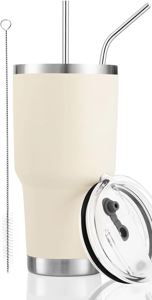 D·S 30oz Cream Tumbler Stainless Steel Insulated Travel Mug with Straw Lid Cleaning Brush (30oz Cream)