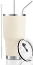 D·S 30oz Cream Tumbler Stainless Steel Insulated Travel Mug with Straw Lid Cleaning Brush (30oz Cream)