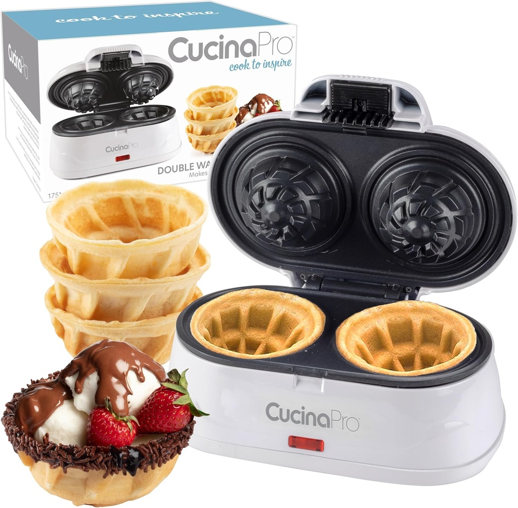 Double Waffle Bowl Maker- Make two 4″ Ice Cream Cone Bowls at Once in Just Mins- Holiday Dessert Appliance for Yogurt Fruit Snacks- Nonstick Iron Easy Clean Electric Kitchen Gadget w Recipes Xmas Gift