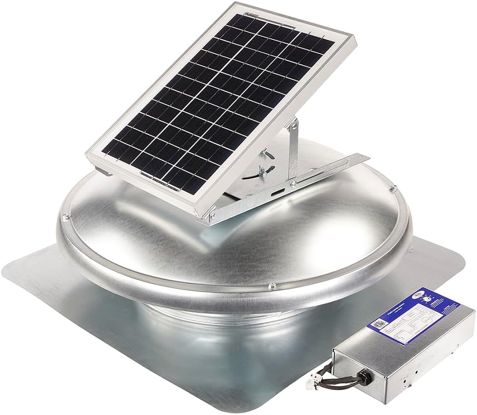Master Flow GAF Dual Power Hybrid Solar/Electric Roof Mount Exhaust Fan with High Airflow Capacity of 525 cubic feet per minute on solar power and 750 cubic feet per minute on house power