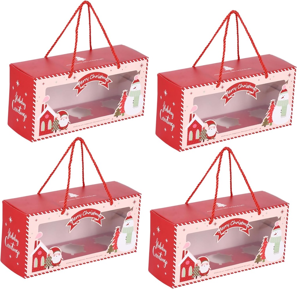 4pcs Red Christmas Cupcake Carriers Window Lightweight Pastry Packaging Boxes for Muffins and Treats Sturdy Cup Holder Design for Holiday Gifting and Parties