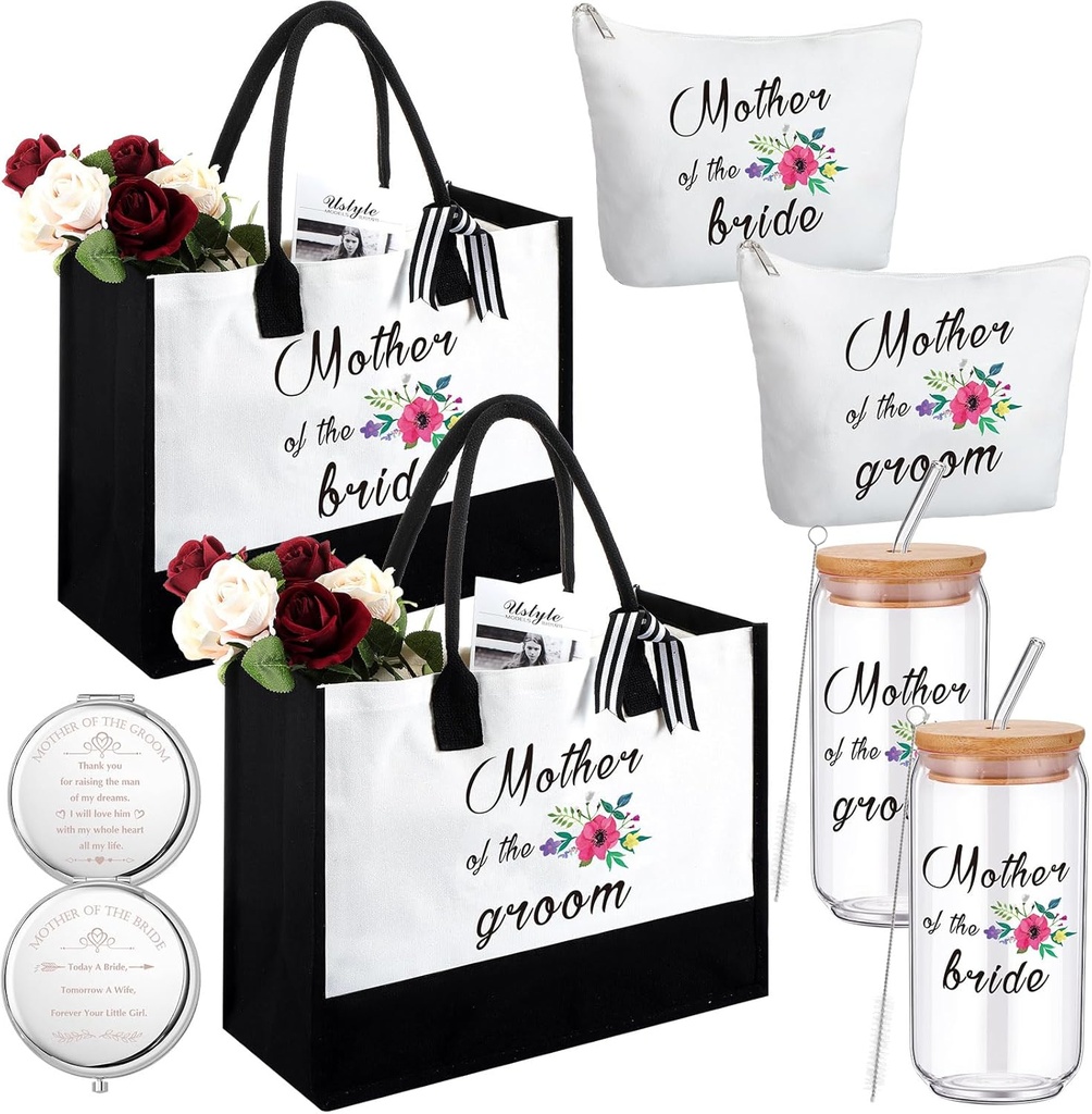Paterr 8 Pcs Mother of the Bride and Mother of the Groom Gifts Set Canvas Tote Bag Drinking Glass Cups Makeup Bags Mirror