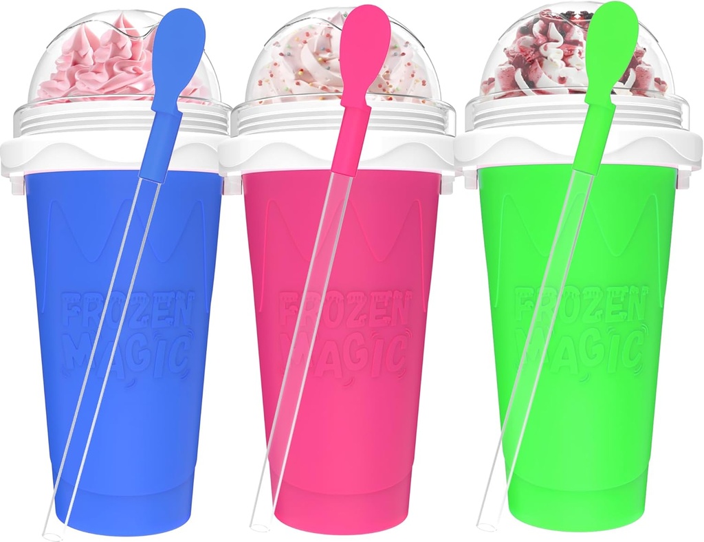 3PCS Slushie Maker Cup, Quick Frozen Magic Cups for Homemade Milk Shake Ice Cream Maker, Double Layer Squeeze Slushy Maker Cup, Birthday Gifts for Kids,Friends,Family (Pink+Bule+Green)