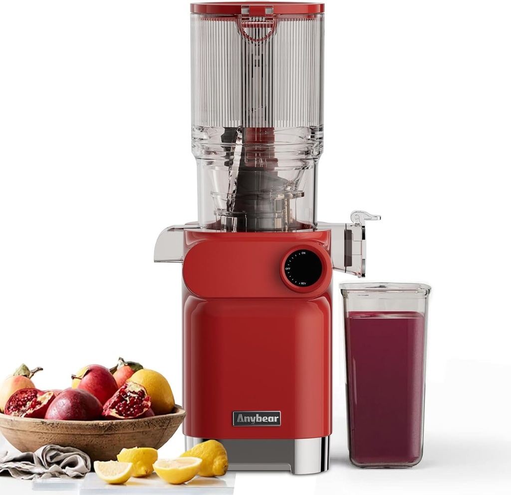 Anybear Cold Press Juicer, 200W Slow Masticating Juicer 4.3" Large Feed Chute Fit Whole Fruits Vegetables | Heavy Duty Auger | Tritan Materials | BPA Free | Easy to Clean (Red)