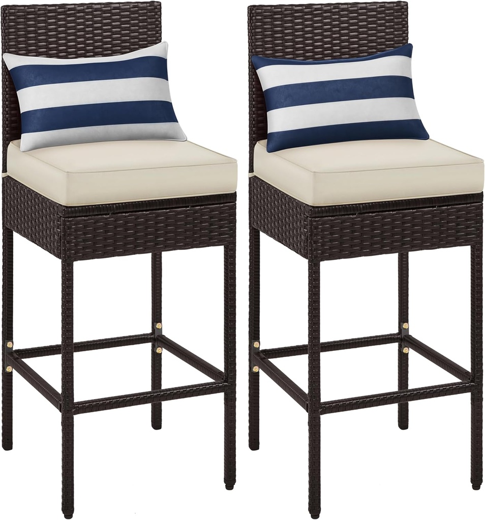 Yaheetech Set of 2 Patio Bar Stools, Outdoor PE Rattan Bar Height Chairs with Cushions & Footrests & Backrest for Indoor, Outdoor, Backyard, Porch, Max.Load 300Lb, Brown/Beige