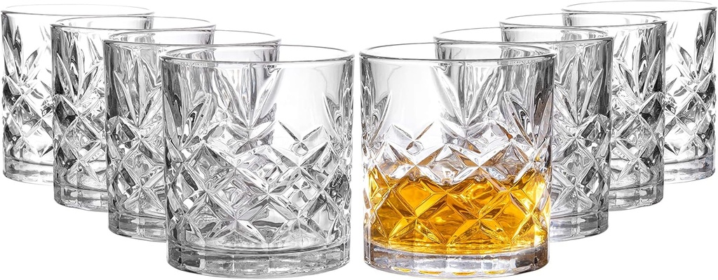 Royalty Art Kinsley Lowball Whiskey Glasses, 8 Pc. Set, 10.6 ounce Short Drinking Glassware for Liquor, Bourbon, Rye, or Beer, Elegant Drinkware for Men or Women, Dishwasher Safe (Lowball)