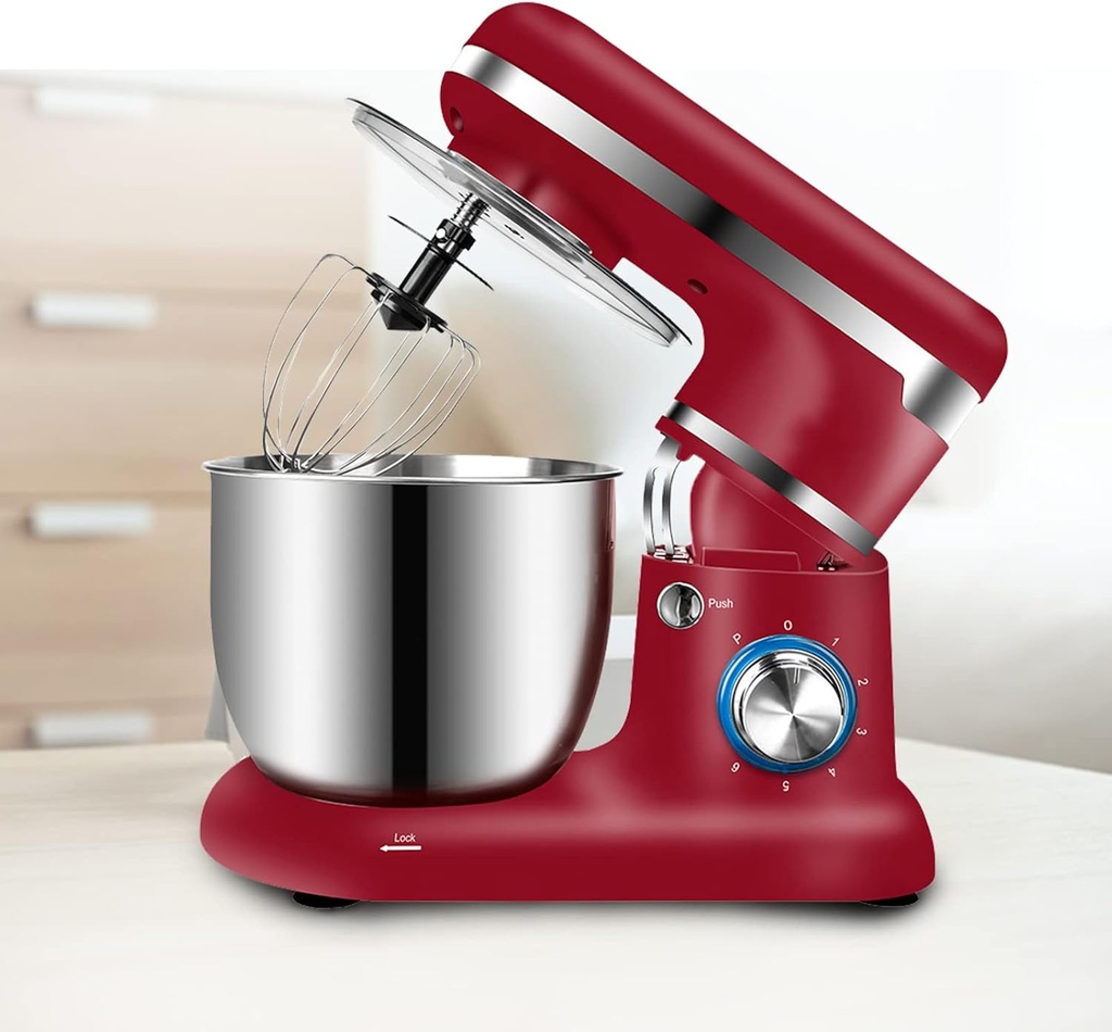 Stand Mixer, 6-Speed Kitchen Electric Dough Mixer for Household Baking Bread, Electric Kitchen Mixer with Dough Hook, Flat Beater Wire Whisk, Mixing Bowl,red