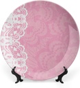 XISUNYA 6 Inch Decorative Plate, Pink and White Ceramic Craft, Vertical Floral Lace Abstract Feminine Design Print Ornament Display Plate Handmade Plate Wedding Gifts, Pink White