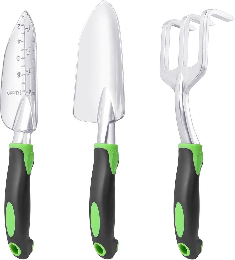 Garden Tools Set, 3 Pack Heavy Duty Gardening Tools Set Include Garden Shovel, Transplant Trowel and Hand Rake with Ergonomic Non-Slip Handle, Aluminum Alloy Lawn and Garden Hand Tools for Planting