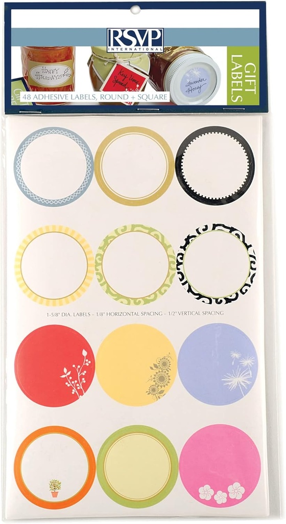 RSVP International Mason Canning Labels Gift & Storage Stickers for Jam & Jelly Jars, Bottles, Cookie Tins, Round & Square, Set/48, Assorted Colors/Patterns