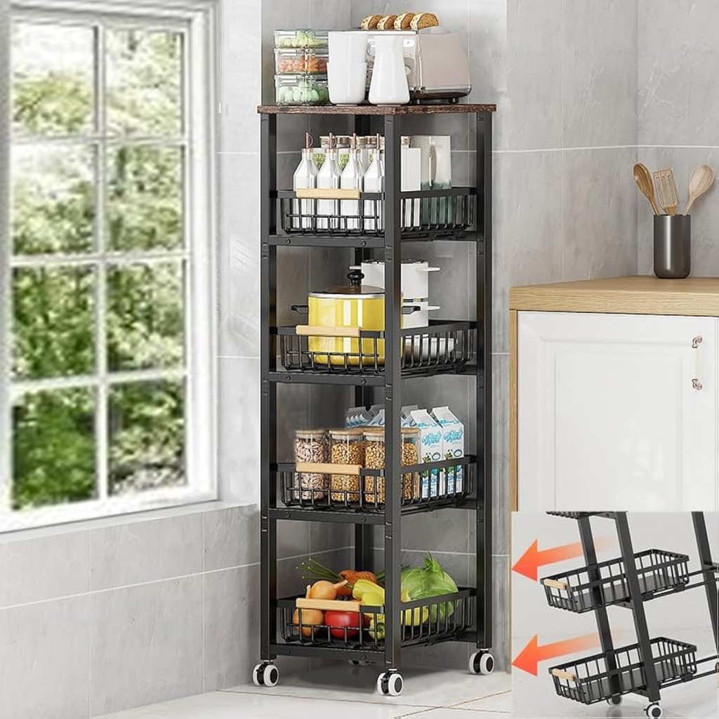 Metal Wire Baskets with Wheels, Stackable Storage Bins Kitchen Organizer Shelf, Multi Layer Fruit Vegetable Cart Dishes Seasonal Rack Freestanding with Pull Out Slide Drawer