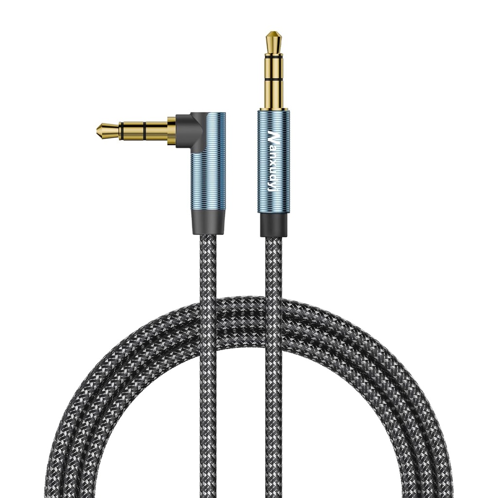 AUX Cord 3ft,3.5mm Stereo Audio Cable portable 90 Degree 3.5mm Male to Male Stereo Aux Cable Right Angle TRS Cable,Hi-Fi Sound, Compatible for car, Headphone,Tablets, Speakers,24K Gold Plated