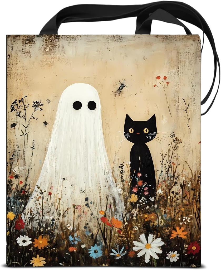 Cat Ghost Floral Canvas Tote Bag for Women Spooky Aesthetic Reusable Grocery Shoulder Bag for Shopping Work Travel Beach