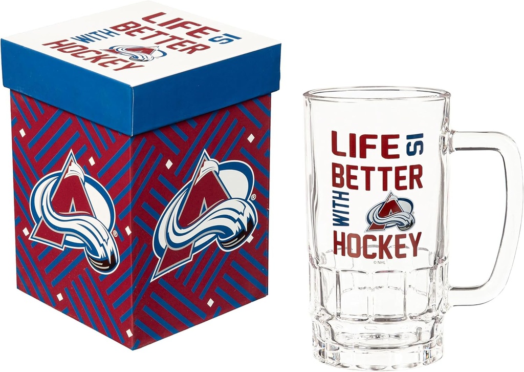 Team Sports America NHL Colorado Avalanche Glass Mugs, 18 oz. Beer Drinking Glasses with Handle, Glass Tankard Cup with Gift Box, Traditional Stein For Bar, Alcohol, Beverages, Coffee, Teas