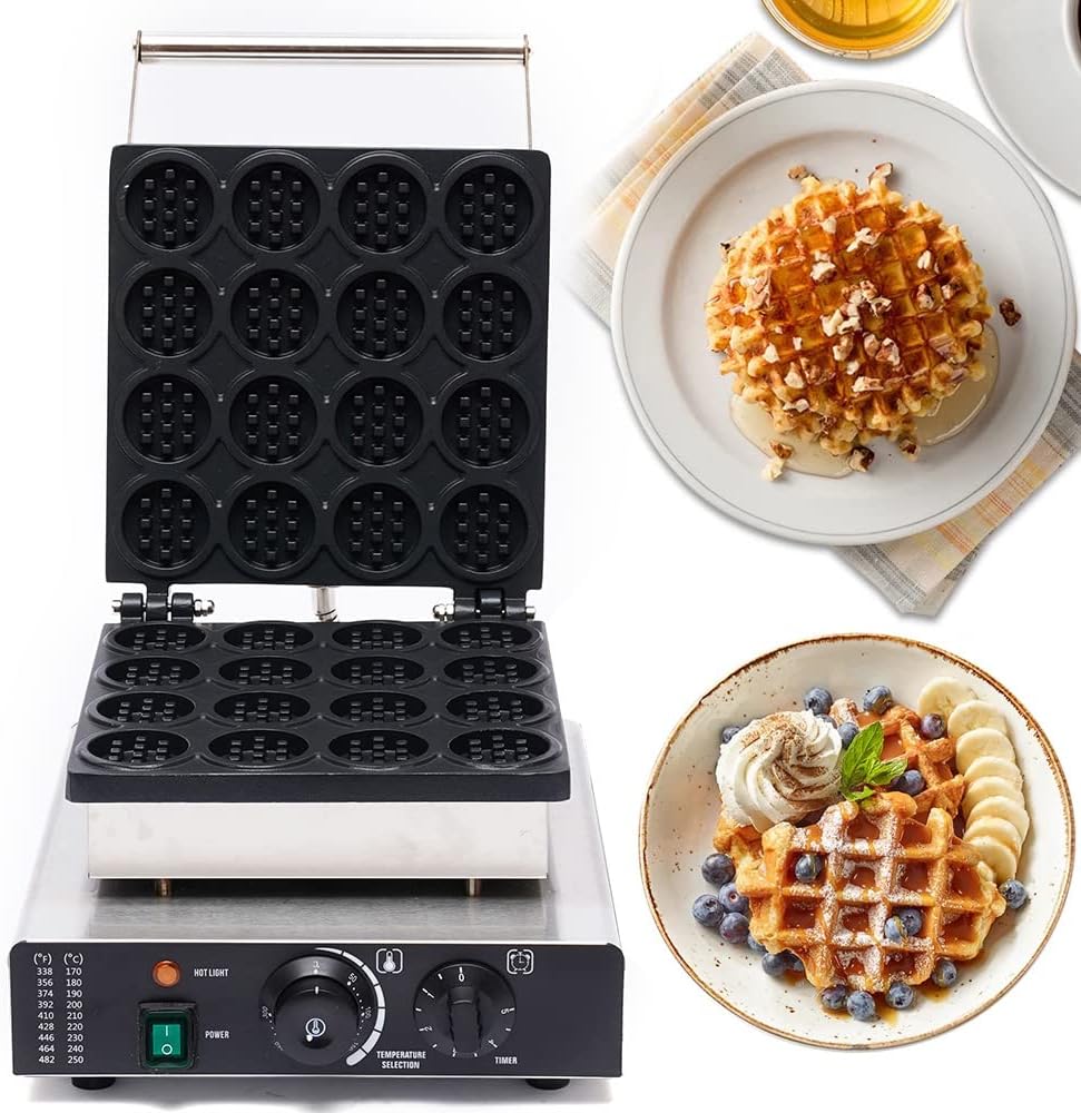 16 Grids 1750W Commercial Waffle Maker, Electric Waffle Machine w/Adjustable Temperature & Time, Stainless Steel Mini Round Waffle Maker Machine for Restaurant, Snack Bar, Street Stall