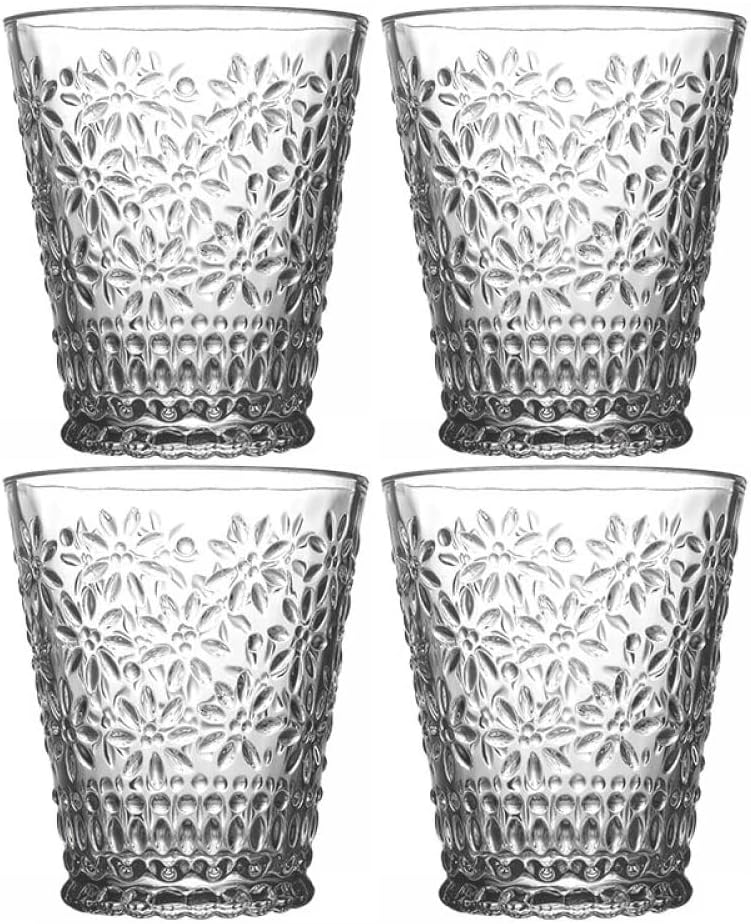 Gaolinci Set of 4 Daisy Embossed Clear Tumbler, 10 Oz Drinking Glasses for Water, Beverages, Juice