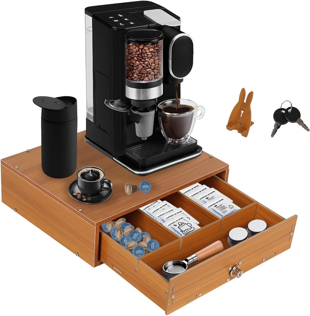 Wooden K Cup Drawer for Counter, K Cup Drawer Organizer Coffee Pod Storage Coffee Machine Stand Tea Bag Storage Organizer with Drawer for Kitchen Office Coffee Bar