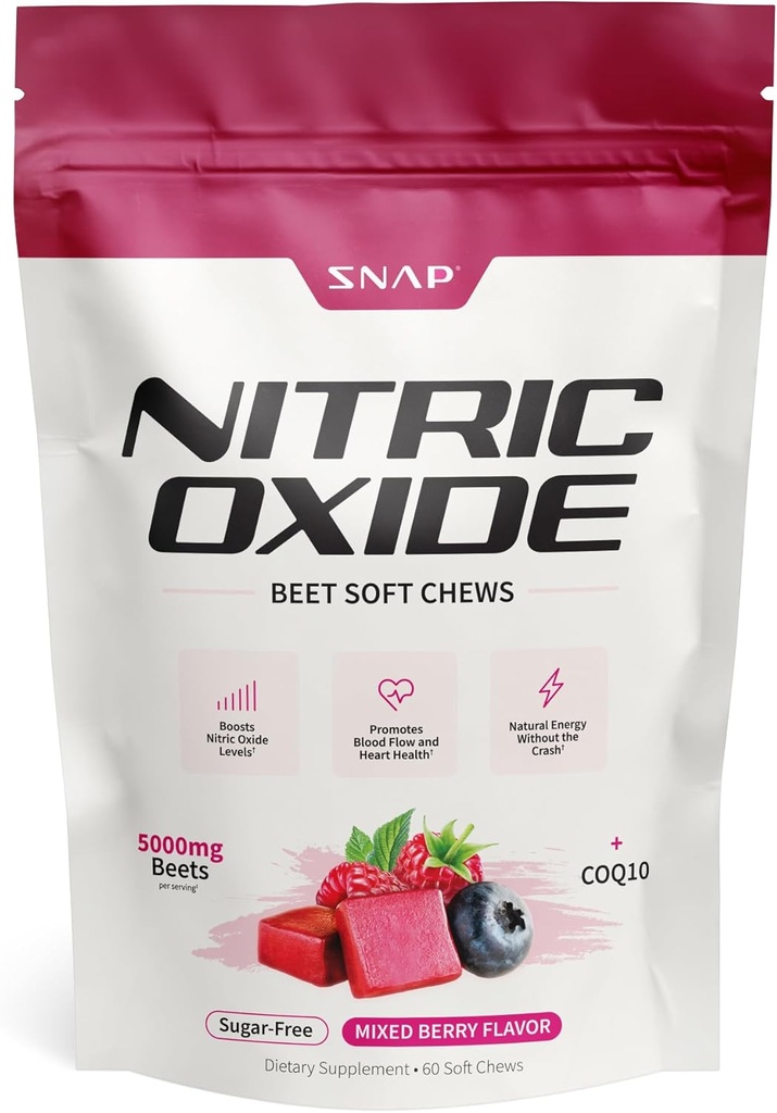 Snap Supplements Nitric Oxide Beet Supplement with Organic Beet Root for Energy, Heart Health & Circulation Support, 60 Soft Chews (30 Servings, 1 Month Supply), Mixed Berry