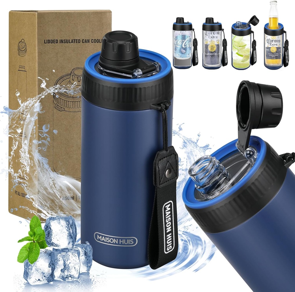 4 In 1 Beer Can Cooler Bottle Holder with Drinking Spout Lid for 12oz Regular, Slim Skinny Cans and Thermal Bottles,Sealed Insulated Double Wall Vacuum Stainless Steel Can Keeps Your Drinks Cold
