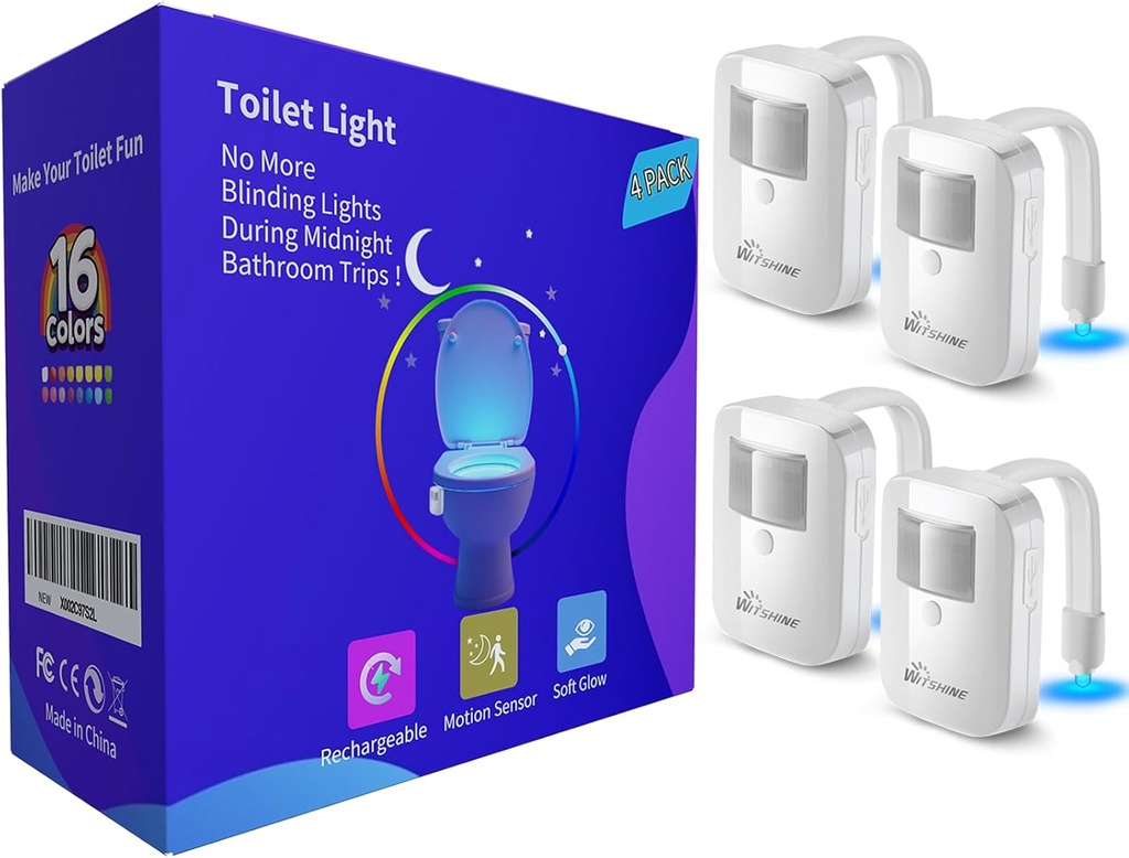 Toilet Light Motion Sensor Activated 4Pack, Rechargeable Color Changing LED Night Lights Inside Toilet Bowl, Cool Gadgets for Bathroom Accessories, Unique Stuff for Men and Kids Birthday