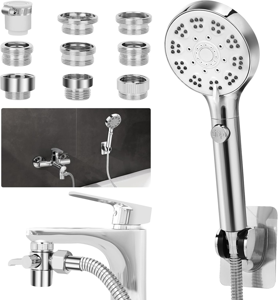 Bathtub Faucet Shower Head Sink with 79" Hose, Tub Faucet Sink Hose Sprayer Attachment Set (8 Adapters) for Bathroom Garden, ON/OFF 6 Modes High Pressure Handheld Shower Extension Kit, Removable
