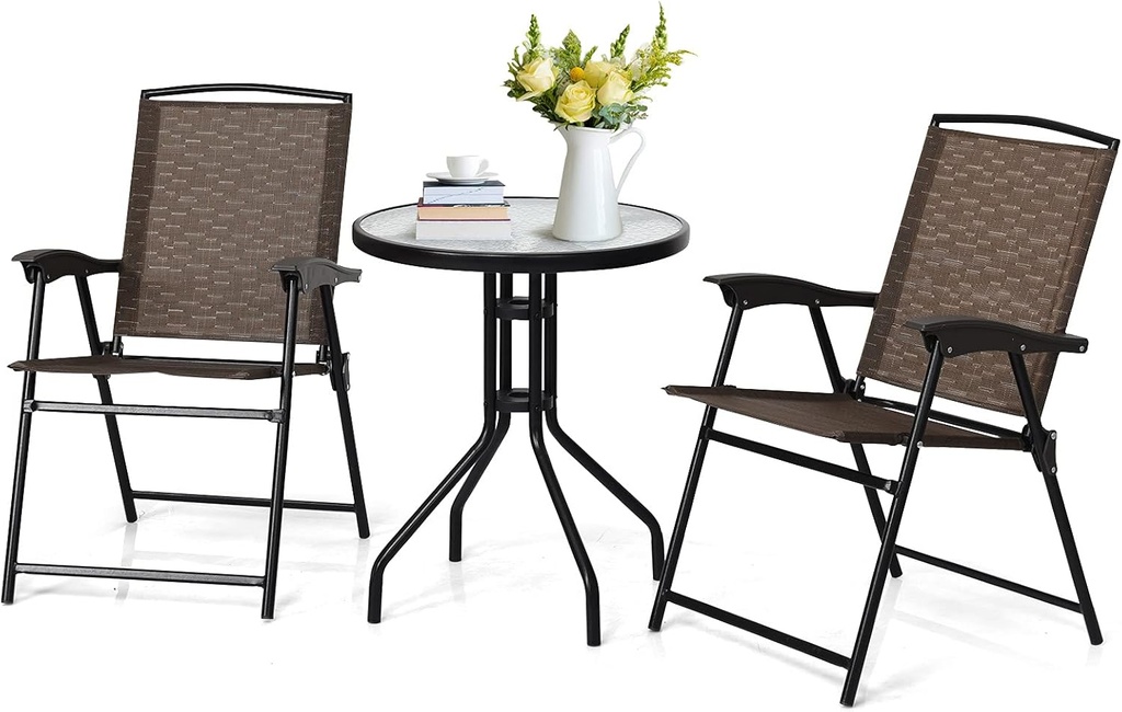 SPSUPE 3 PCS Outdoor Patio Set, Dining Furniture Set with Round Table, 2 Folding Chairs, Glass Tabletop, Ideal for Garden Pool Backyard Versatile Bistro Set