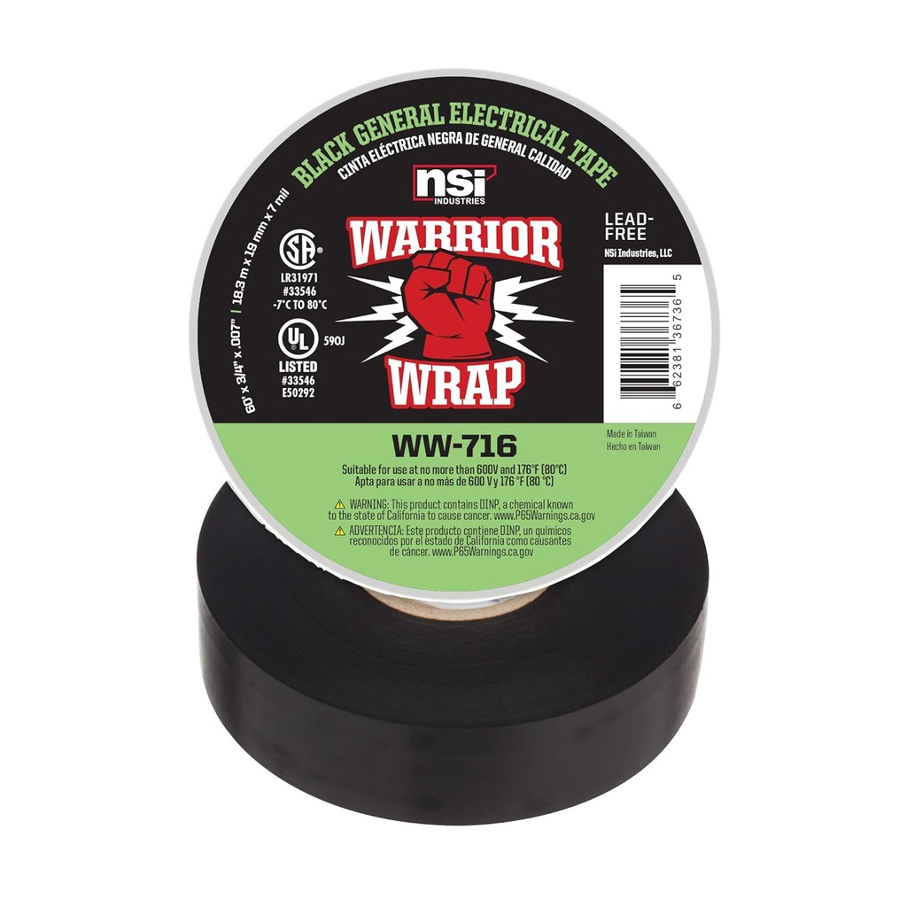 WarriorWrap General 3/4 in. x 60 ft. 7 mil Vinyl Electrical Tape, Black