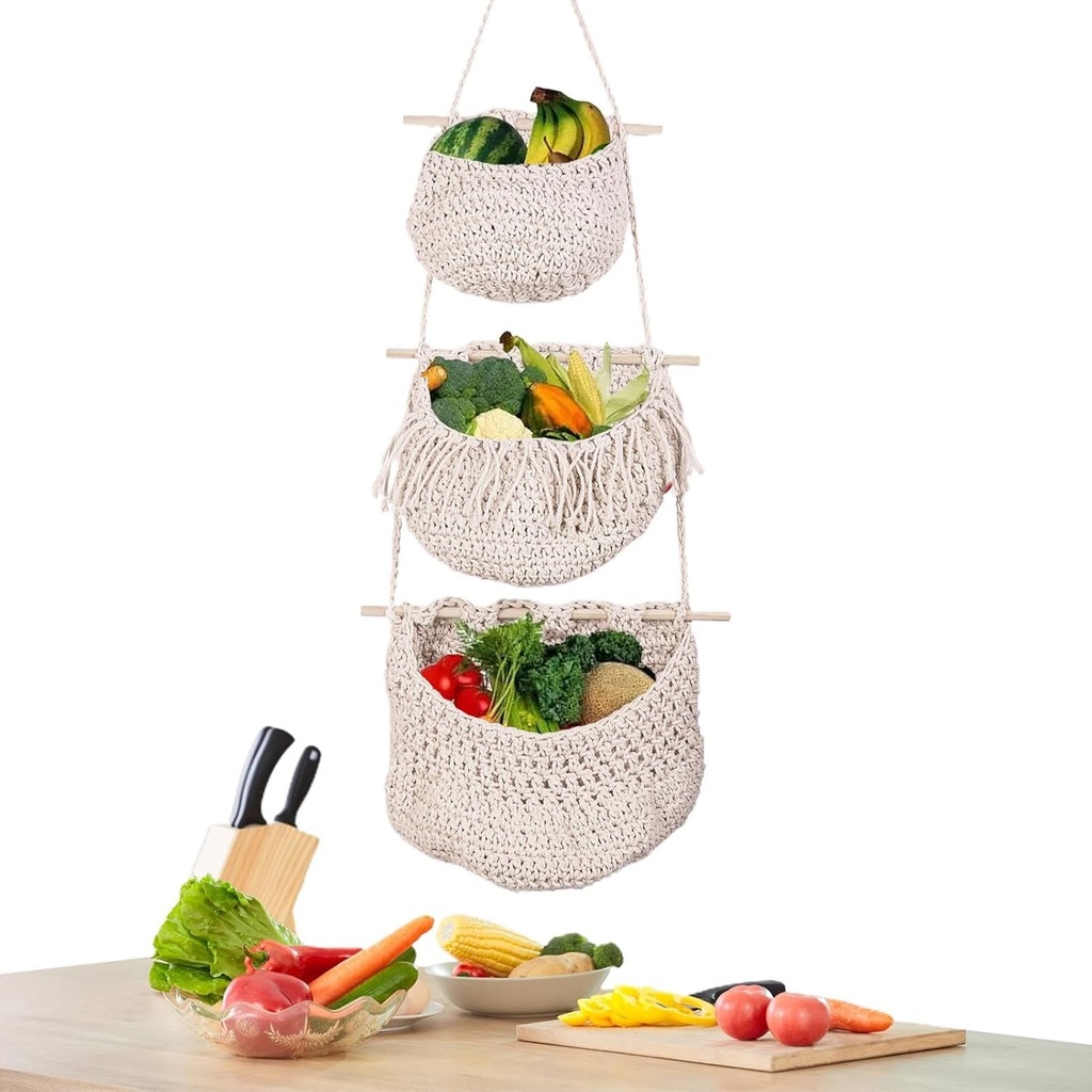 Hanging Fruit Basket, 3 Tier Handmade Woven Jute Wall Hanging Baskets for Organizing, Boho Wall Basket Decor Over the Door Organizer, Storage baskets for Kitchen, Bedroom, Bathroom
