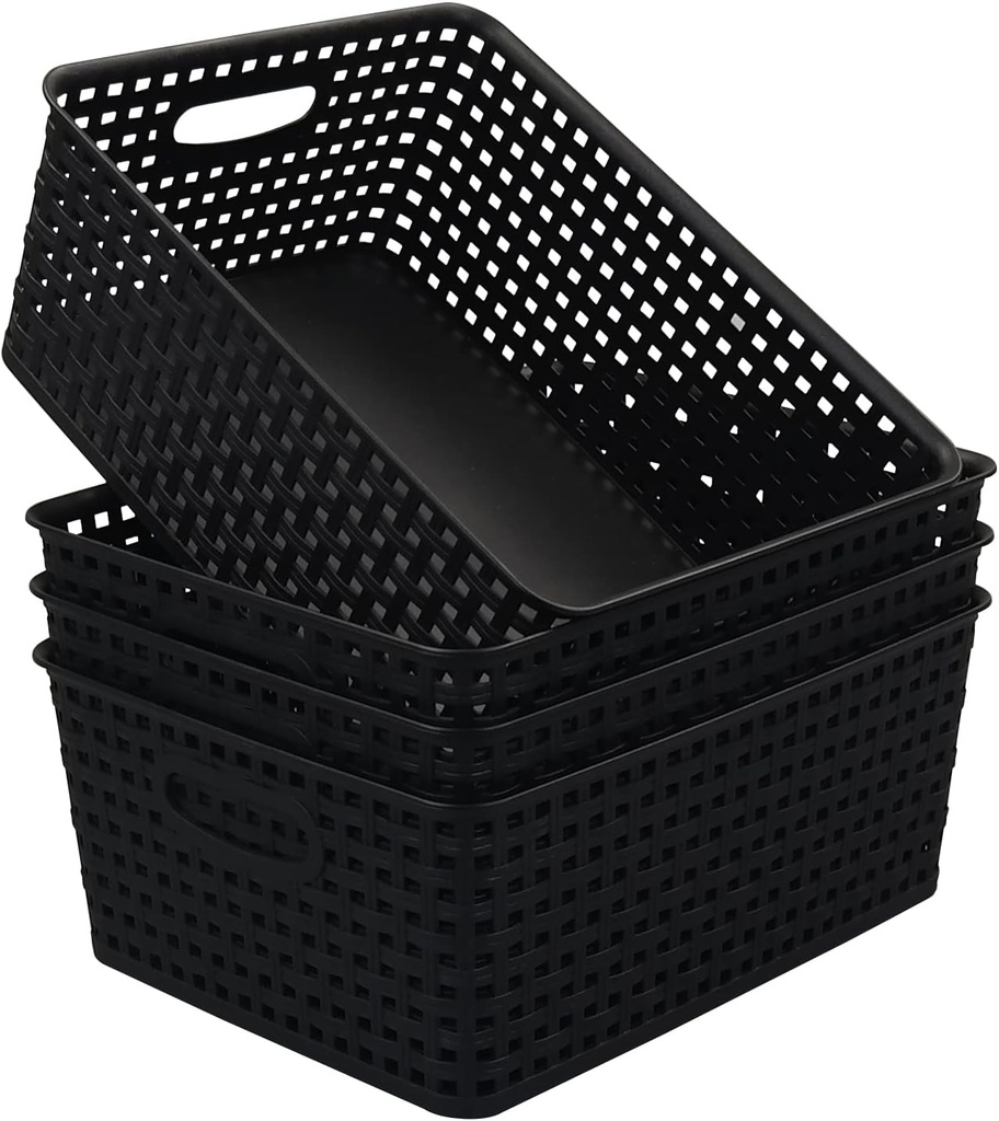 Morcte Plastic Weave Shelf Basket, 4-Pack Plastic Baskets Organizer, Black