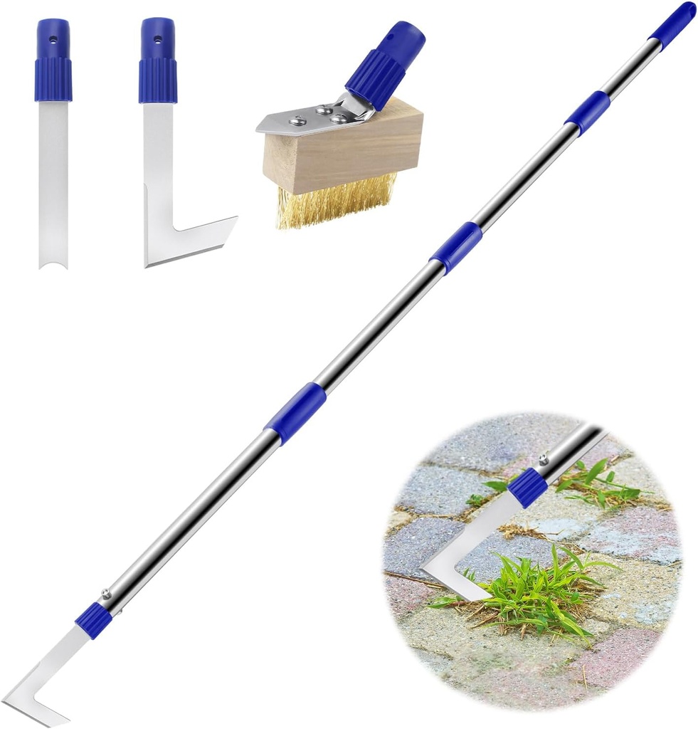 Crack Weeder Tool Long Handle, 60" Garden Tool for Weeding Between Pavers, 3 in 1 Hand Weed Scraper and Weed Brush Set, Manual Crevice Weed Remover Tools for Paver, Sidewalk, Driveway Crack, Patio