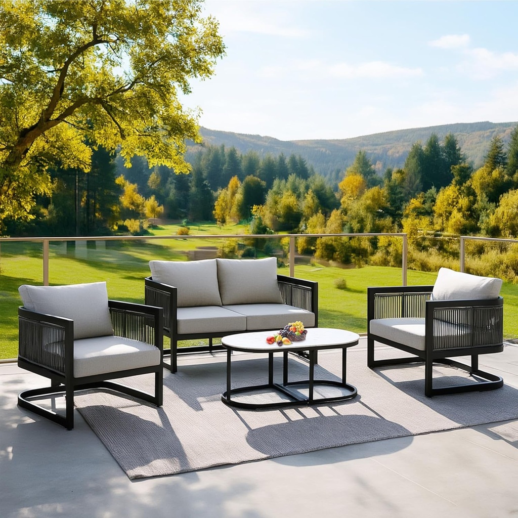 GREEN MORE 5 Piece Patio Furniture Set,Outdoor Patio Conversation Set with Removable Extra Thick Cushions & Convertible Coffee Table, Modern Metal Outdoor Furniture for Porch, Backyard,Balcony, Deck