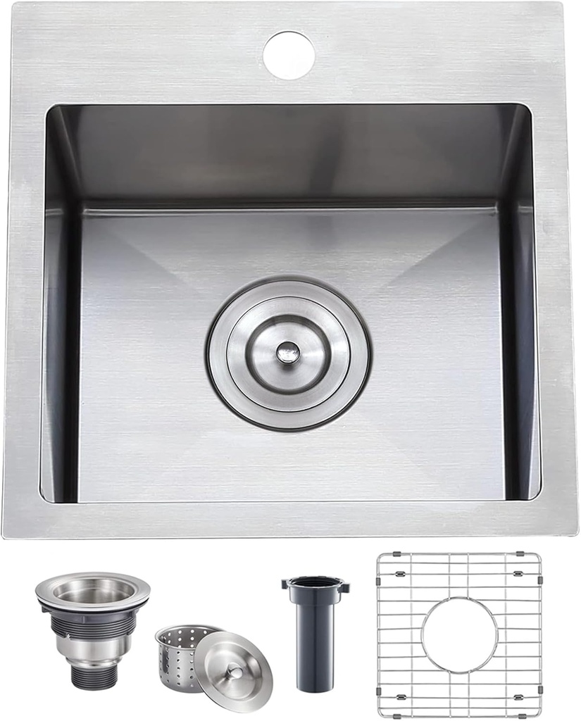 VAPSINT 15x15 Inch Drop In Bar Sink, Topmount Single Bowl Handmade 16 Guage Stainless Steel Small Kitchen Sink for Wet Bar Prep RV Outdoor with Accessories