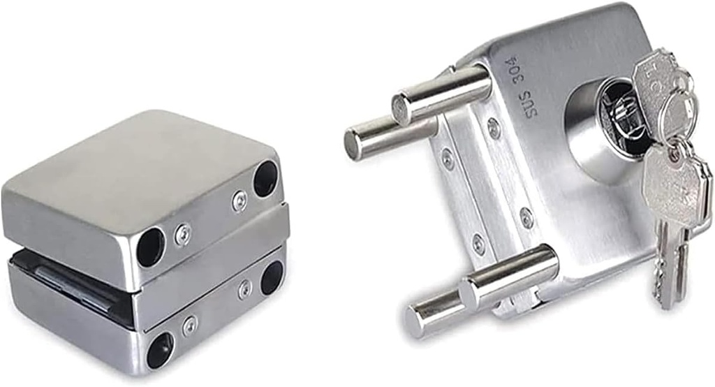 304 Stainless Steel Square Glass Door Lock, Home, Commercial Durable Metal Chrome 10-12mm Glass Door no Drill Anti-Theft Security Lock, Double Swing Hinge Frameless Sliding Door Lock 3 Keys - (1 Set)