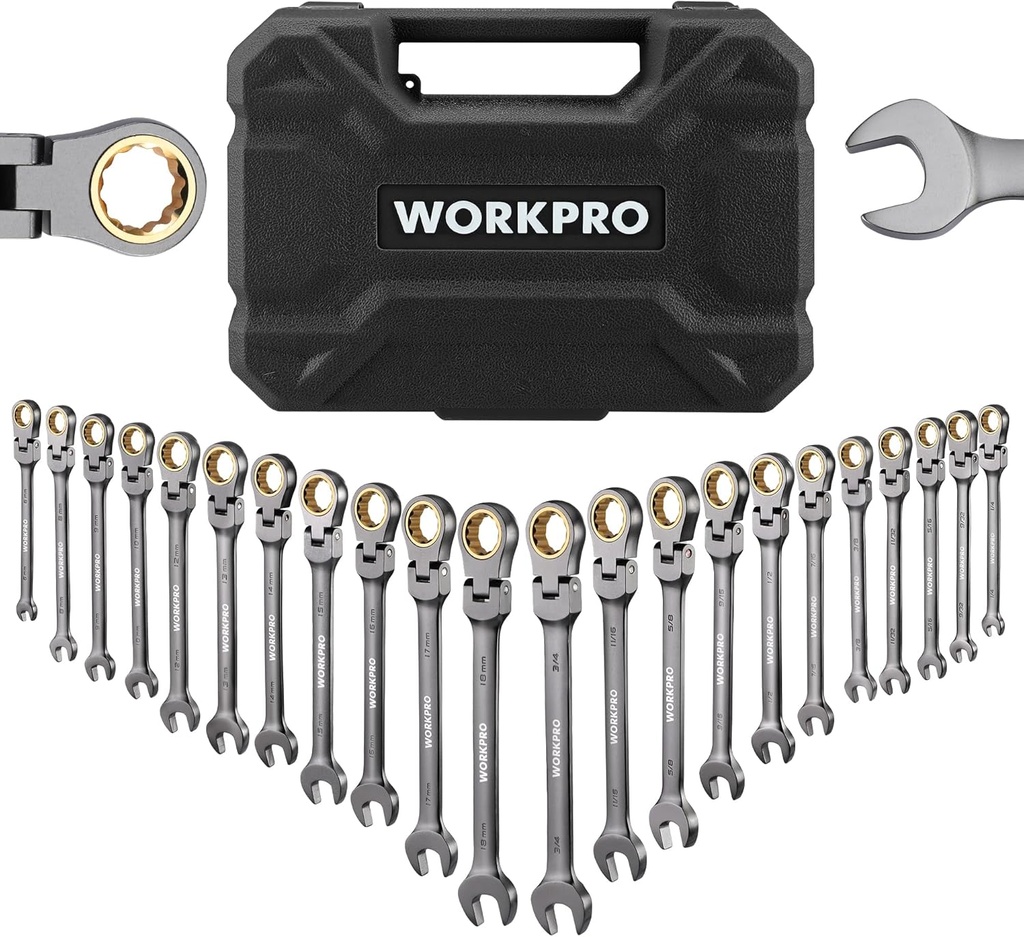 WORKPRO 22-Piece Flex-Head Ratcheting Wrench Set, Ratchet Combination Wrench Sets with Organizer Box, Nickel Plating, 72 Teeth, Metric 6-18mm & SAE 1/4-3/4"
