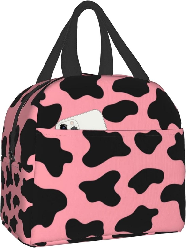 Insulated Lunch Bag Reusable Lunch Box For Girls, Cooler Lunch Tote Bag With Front Pocket for Teen Girls Women Men School Picnic Office Work, Cute Black and Light Red Cow Print