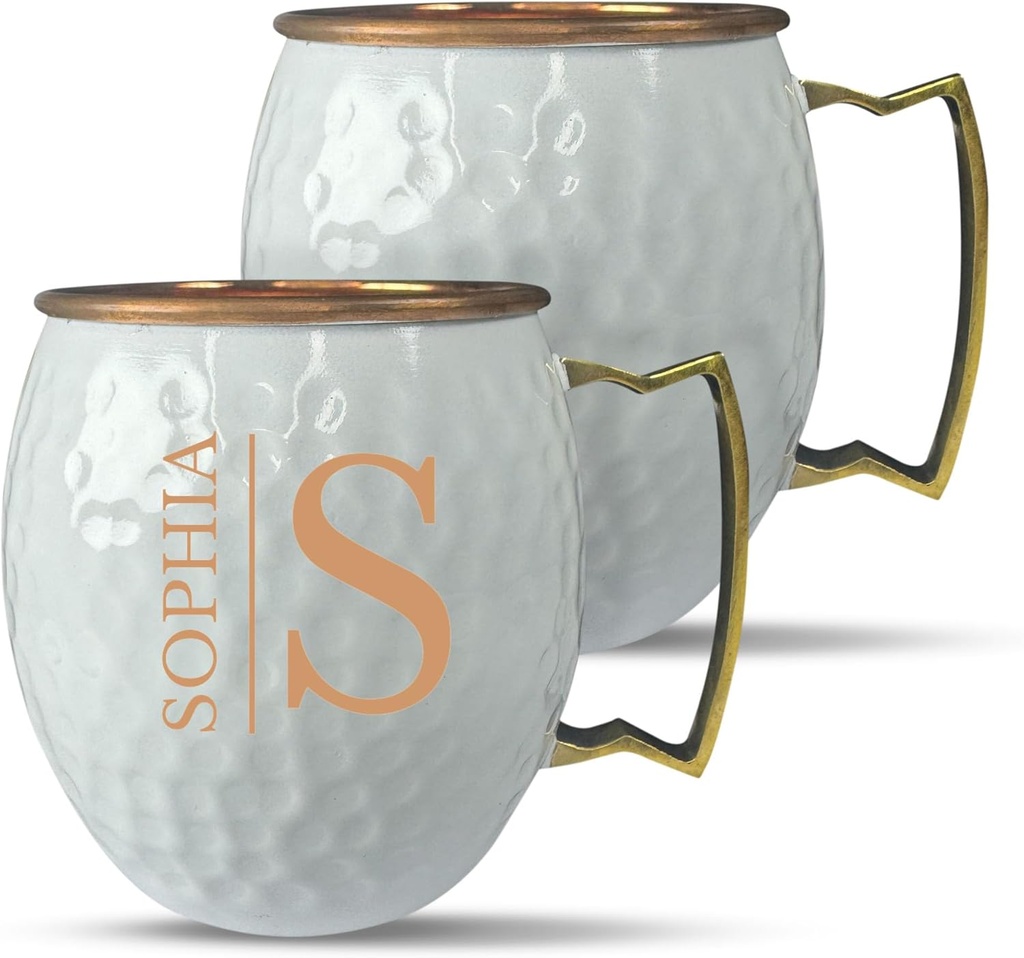 Custom Copper Moscow Mule with Hammered Painted Finish - Engraved Bar Style 100% Copper Cup with Personalized Bold Horizon Letter Monogram Theme Engraving, Brass Handle | 18 oz, White | Set of 2