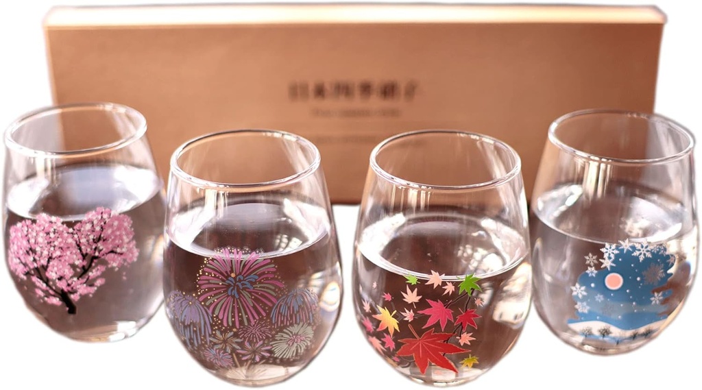 丸モ高木陶器 Japanese Four Seasons Color Changing Glass Cup Set, Magical Blooming Multi-purpose Glasses – Cherry Blossom, Fireworks, Autumn Leaves, Snowflakes